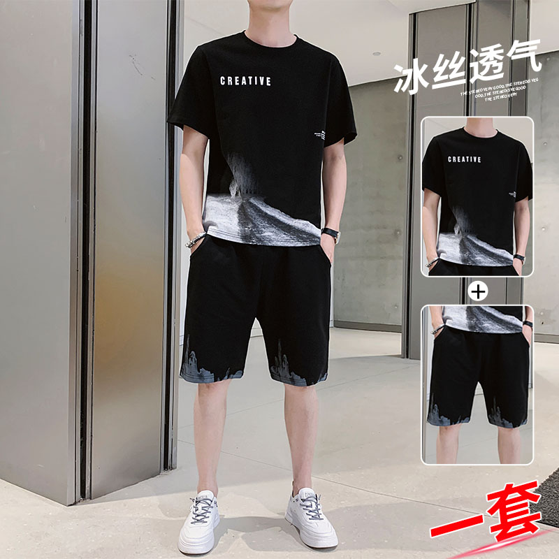 男士休闲运动套装夏季薄款冰丝短袖t短裤休闲搭配帅气男装一整套