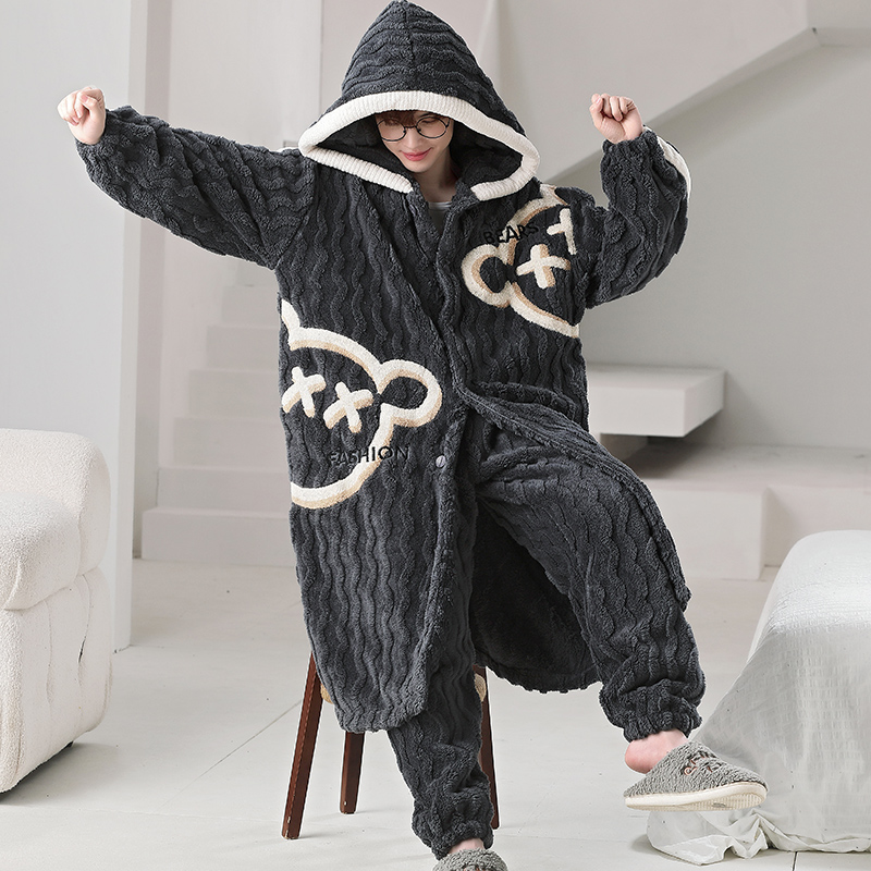 暴力熊睡衣大码男士秋冬季珊瑚绒加绒加厚冬款长款睡袍家居服套装