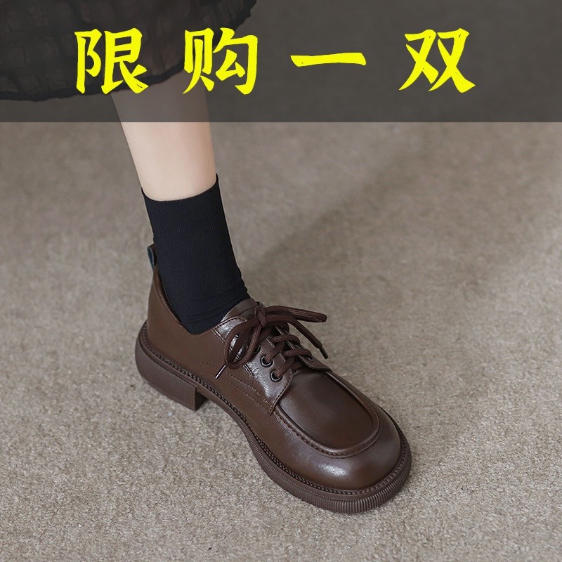 红蜻蜓牌真软皮小皮鞋女英伦风春秋日系jk系带平底黑色