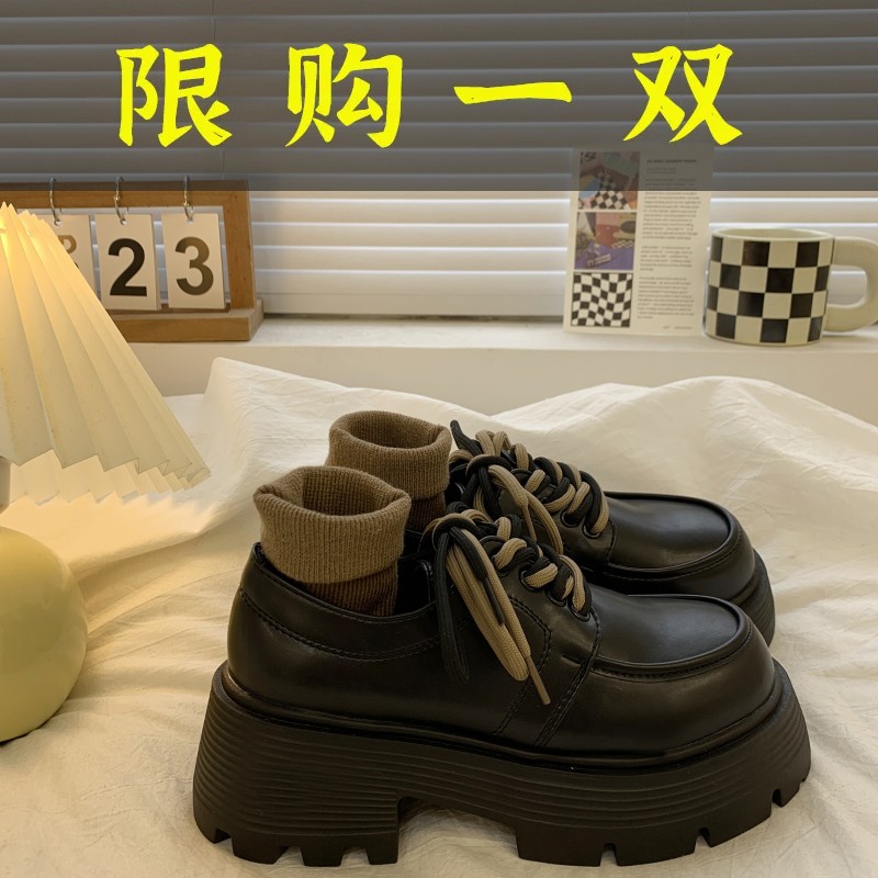 红蜻蜓牌粗跟厚底增高系带黑色小皮鞋女2023年春季新款百搭英伦