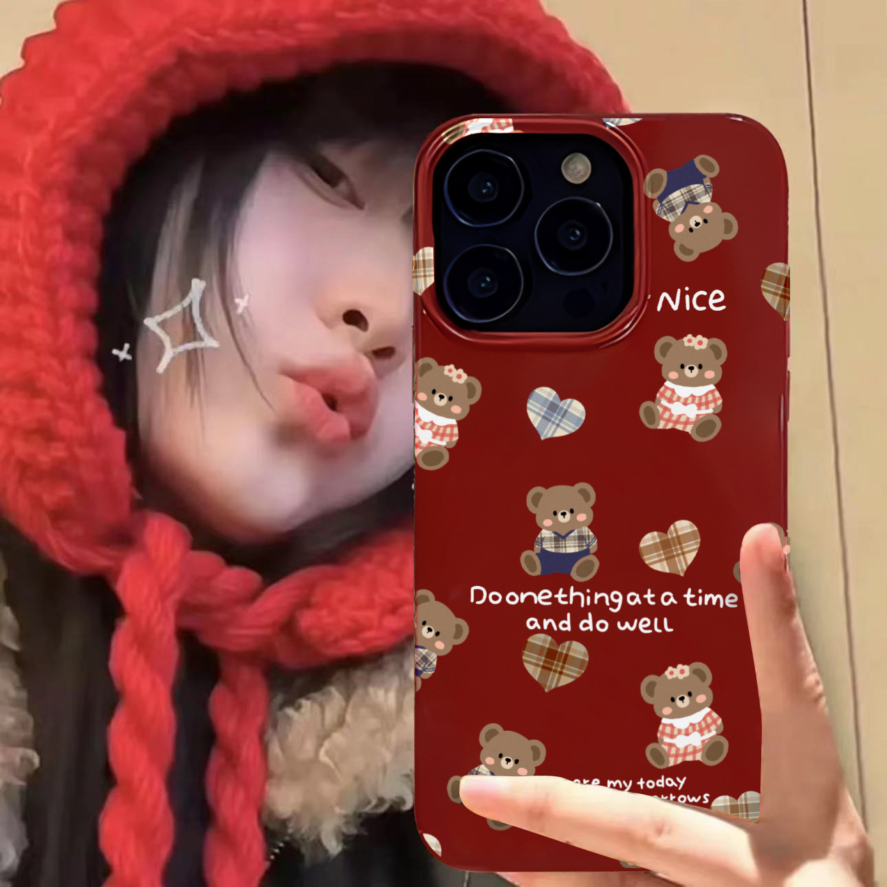 欧克里里新年爱心熊苹果15手机壳iphone13/14promax大孔亮面11/12