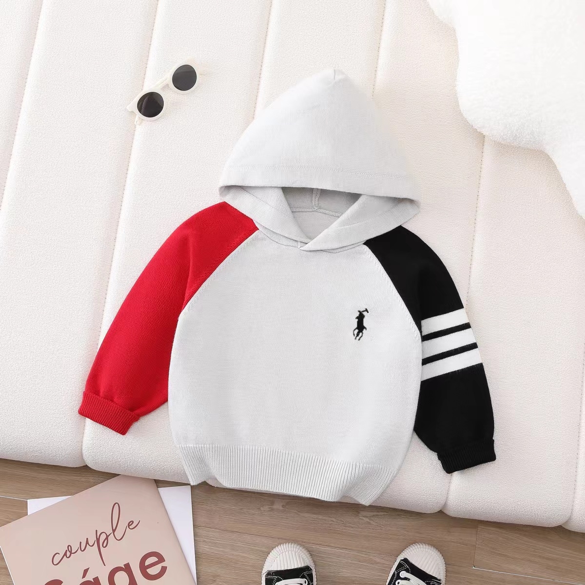 韩版撞色拼接刺绣连帽儿童毛衣百搭加厚男女童针织衫内搭外穿毛衫