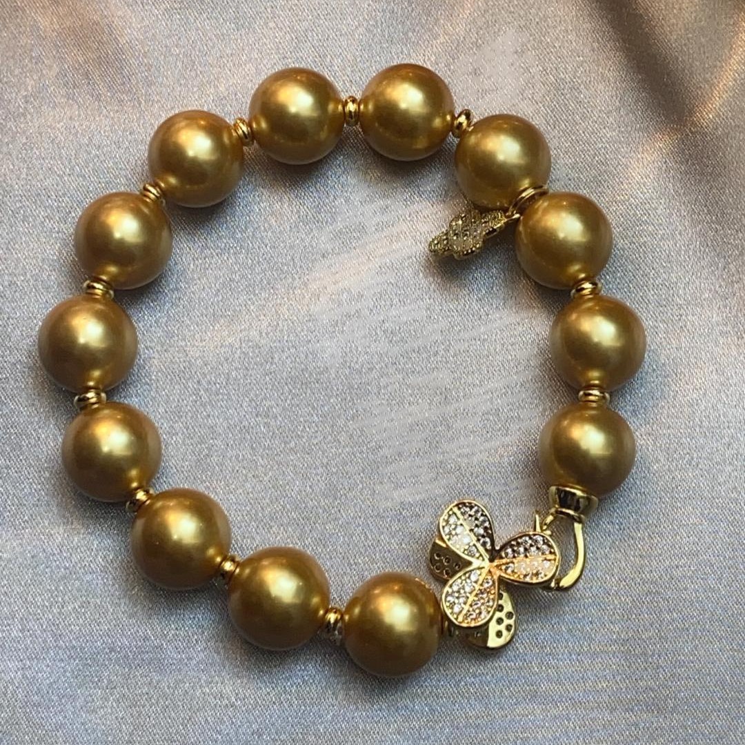 铜合金手链 【三叶草金】12mm金色气质设计款三叶草手链海贝珠