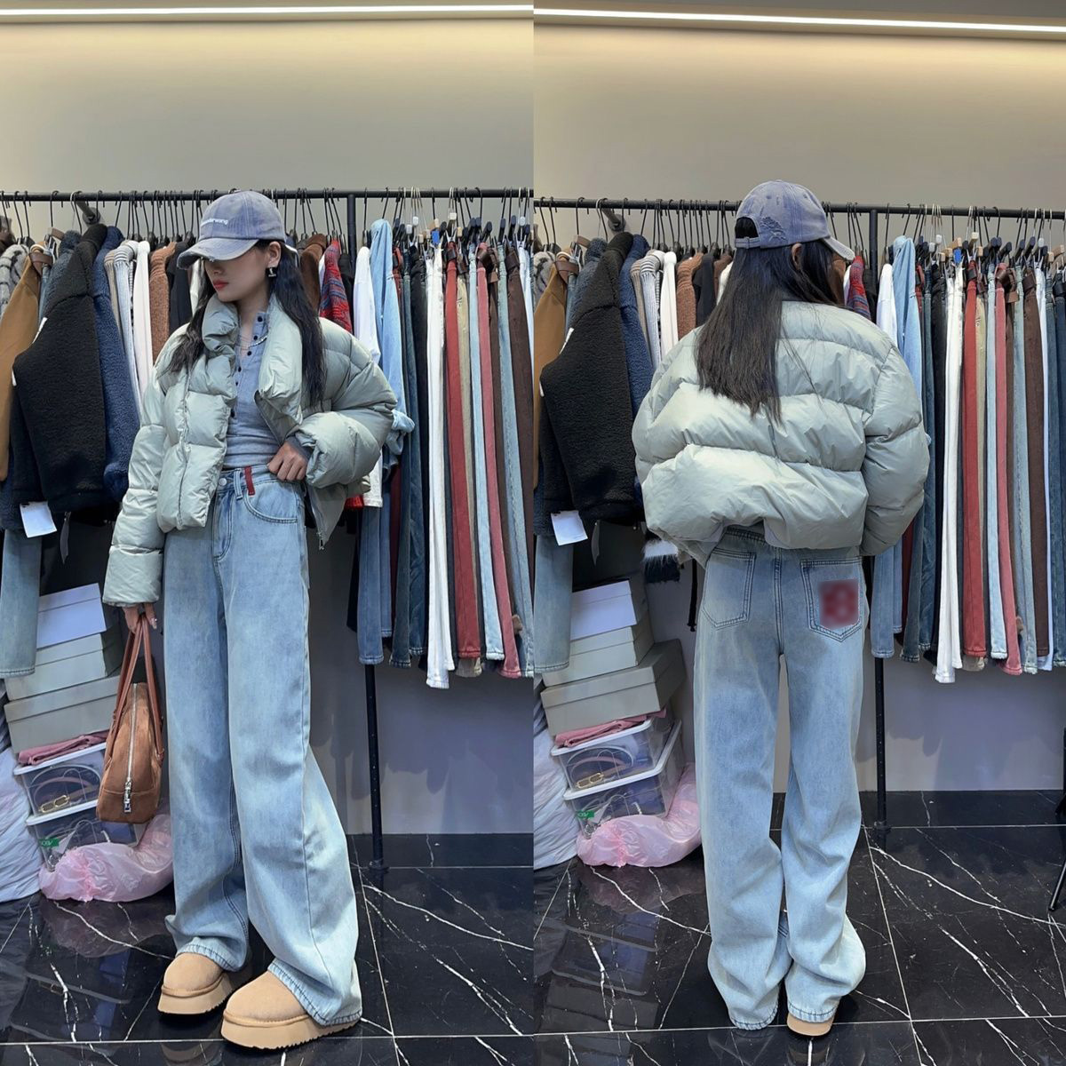 797高腰阔腿牛仔裤女红色拼接刺绣秋冬2023新款加绒加厚直筒显瘦