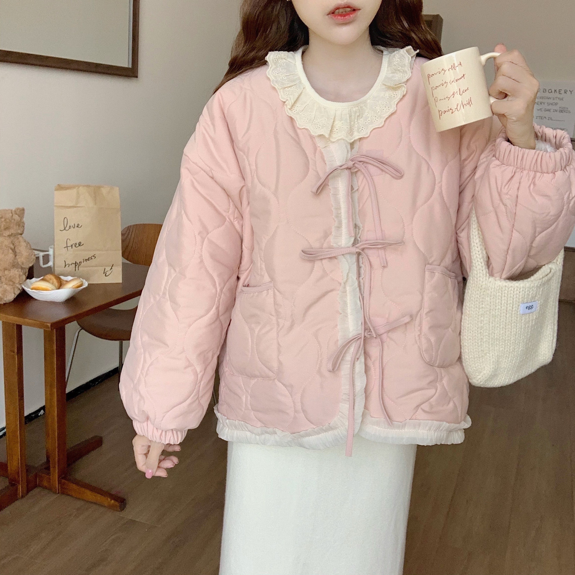 学院风甜美系带花边棉服外套女冬季新款宽松加绒加厚保暖面包服