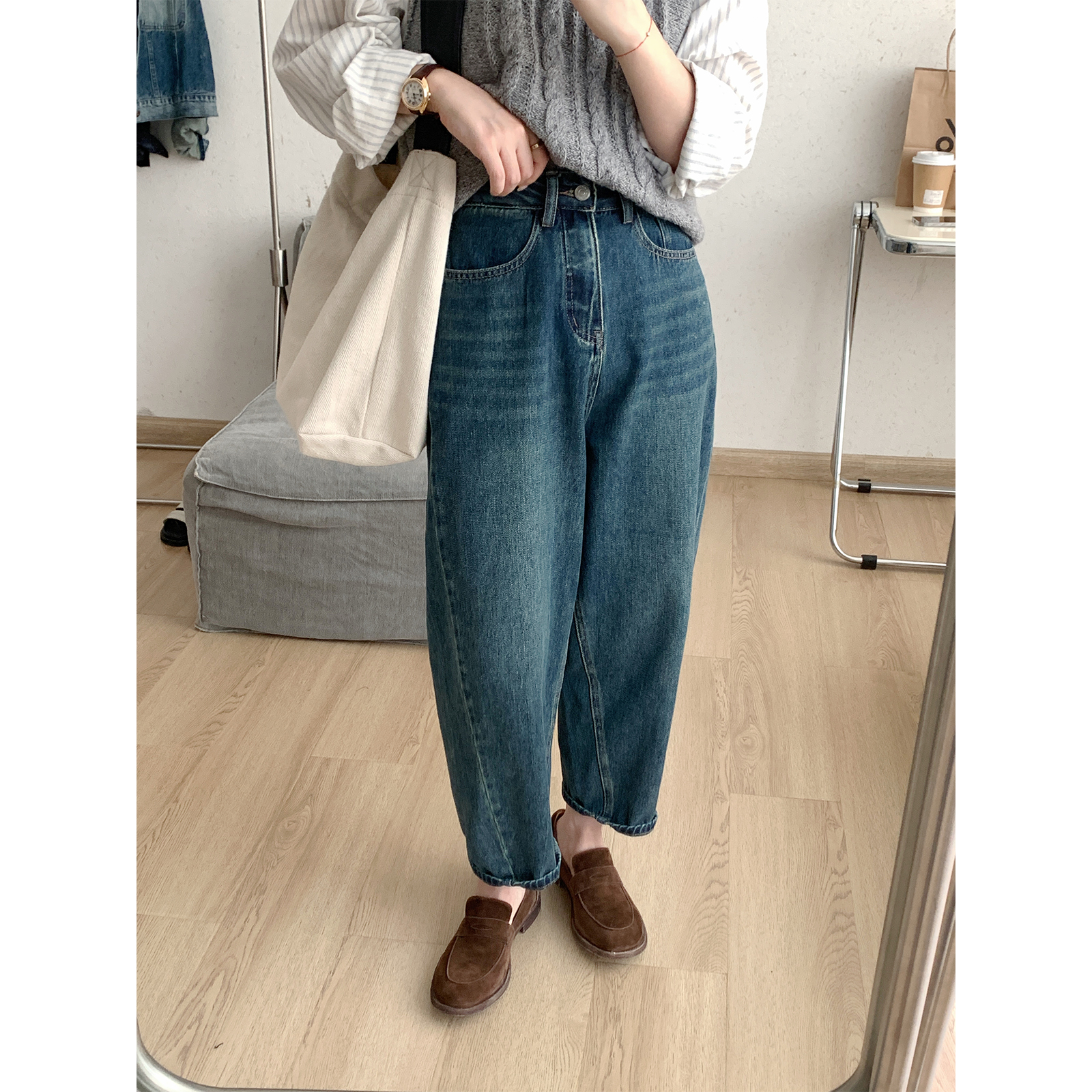 苏安家 梨形收割机 复古秋冬色系高腰显瘦九分弯刀裤女宽松牛仔裤