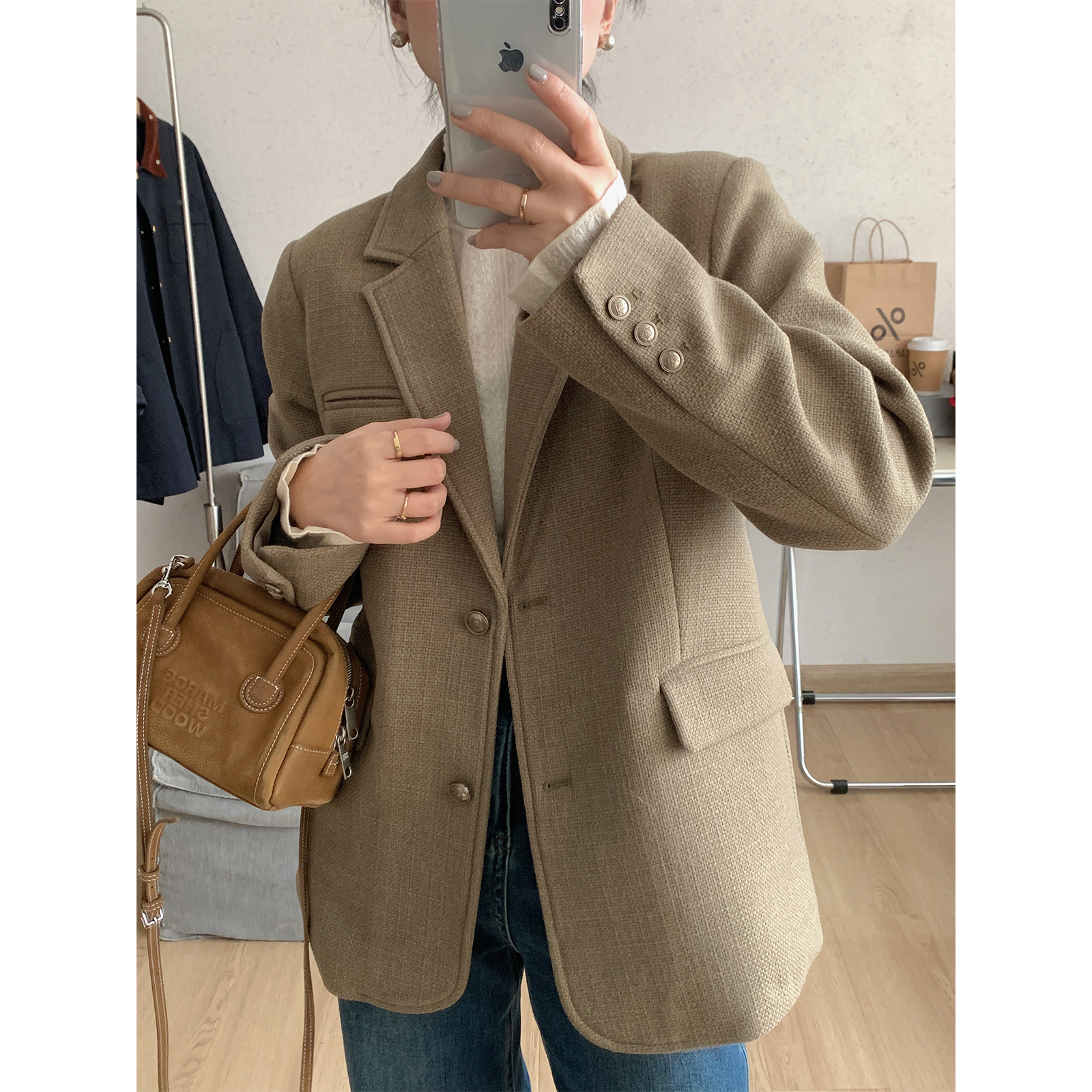 苏安家 诺丁山 高级感显白卡其绿 加厚显瘦毛呢宽松西装外套