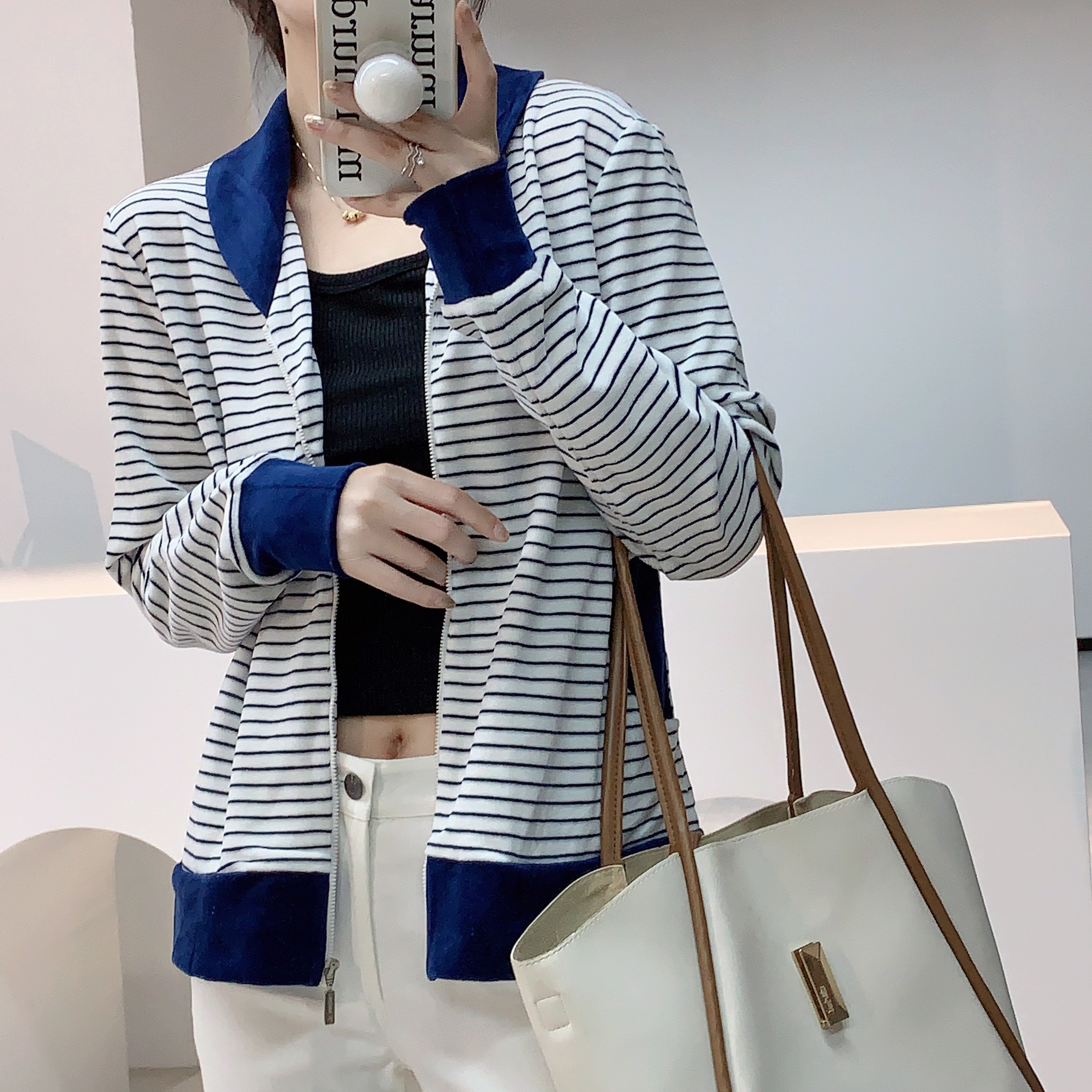 条纹拉链外套女春秋季长袖开衫A0-4219