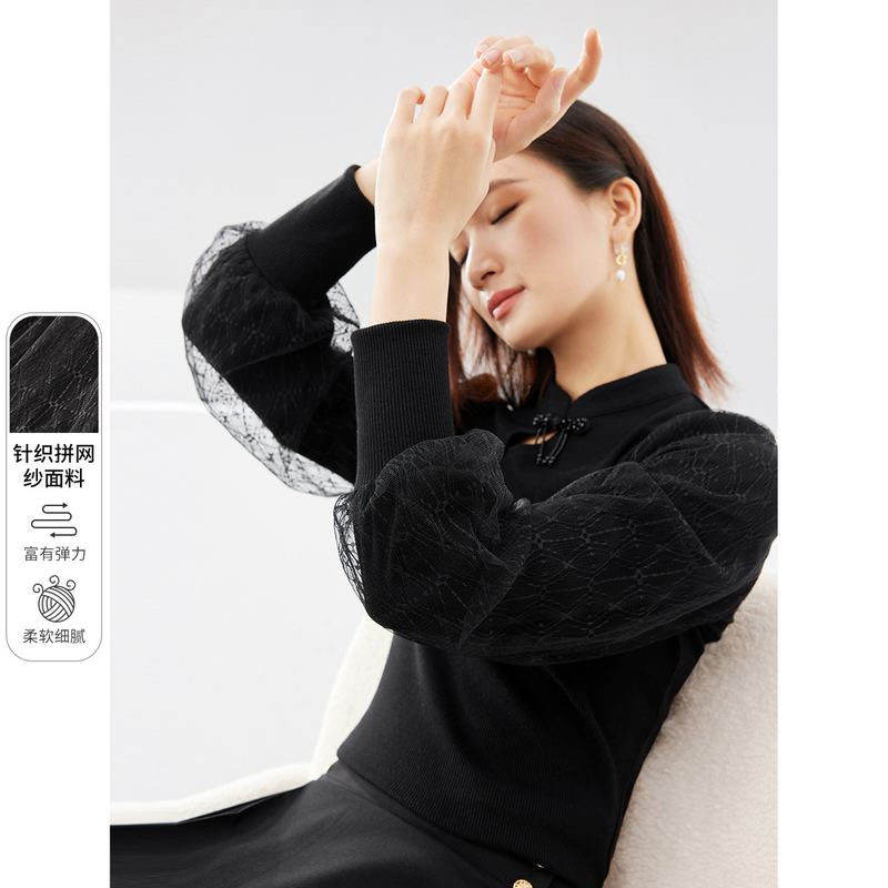 尚都比拉|时髦国风拼接网纱盘扣立领针织衫-52655