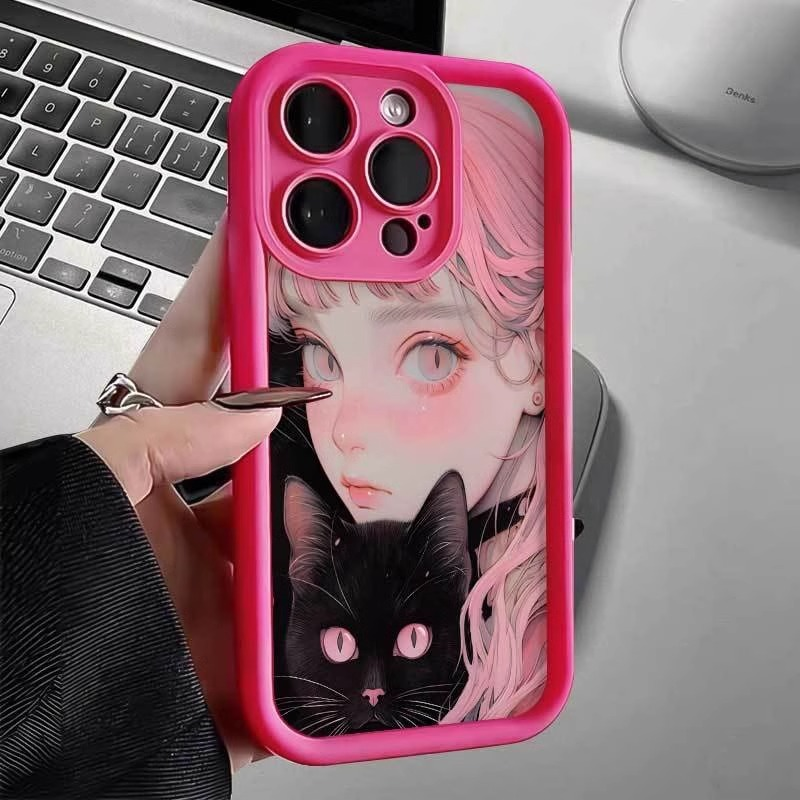 粉发女孩抱猫iphone14promax苹果13手机壳11可爱12卡通15高级感xr