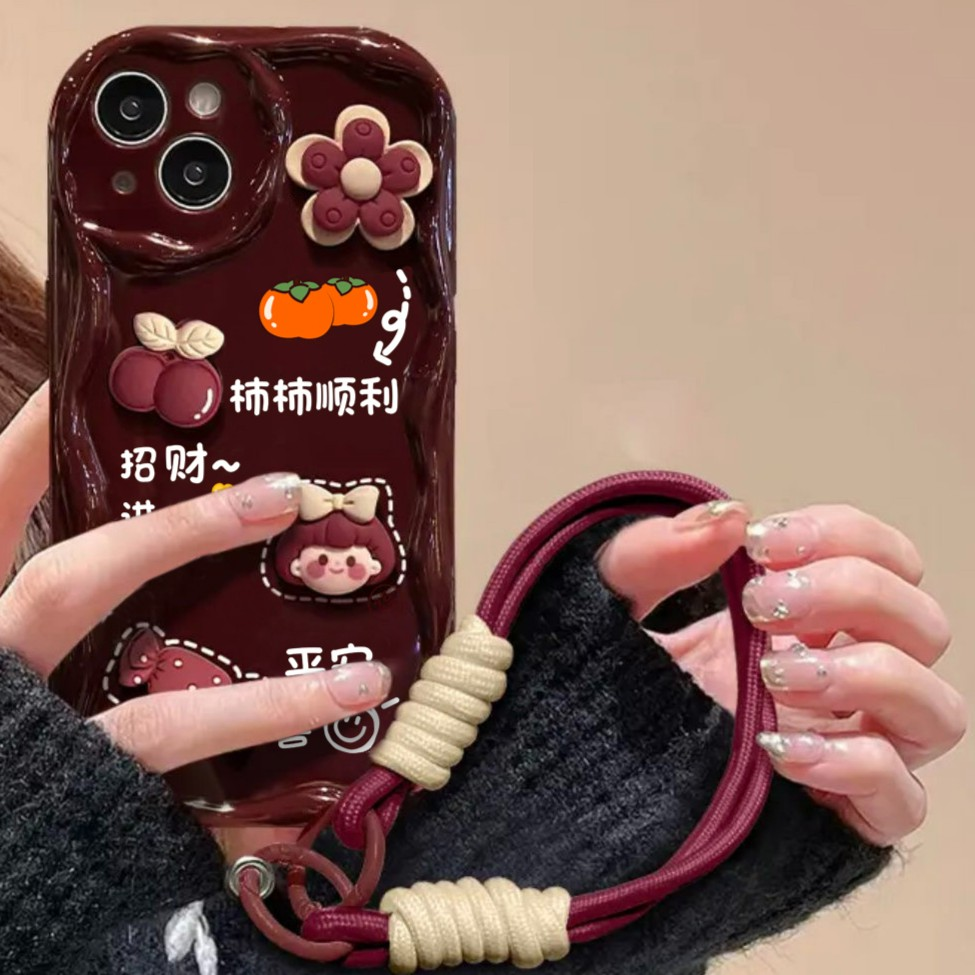 酒红色立体柿子女孩适用iphone15苹果14手机壳13华为vivo小米oppo