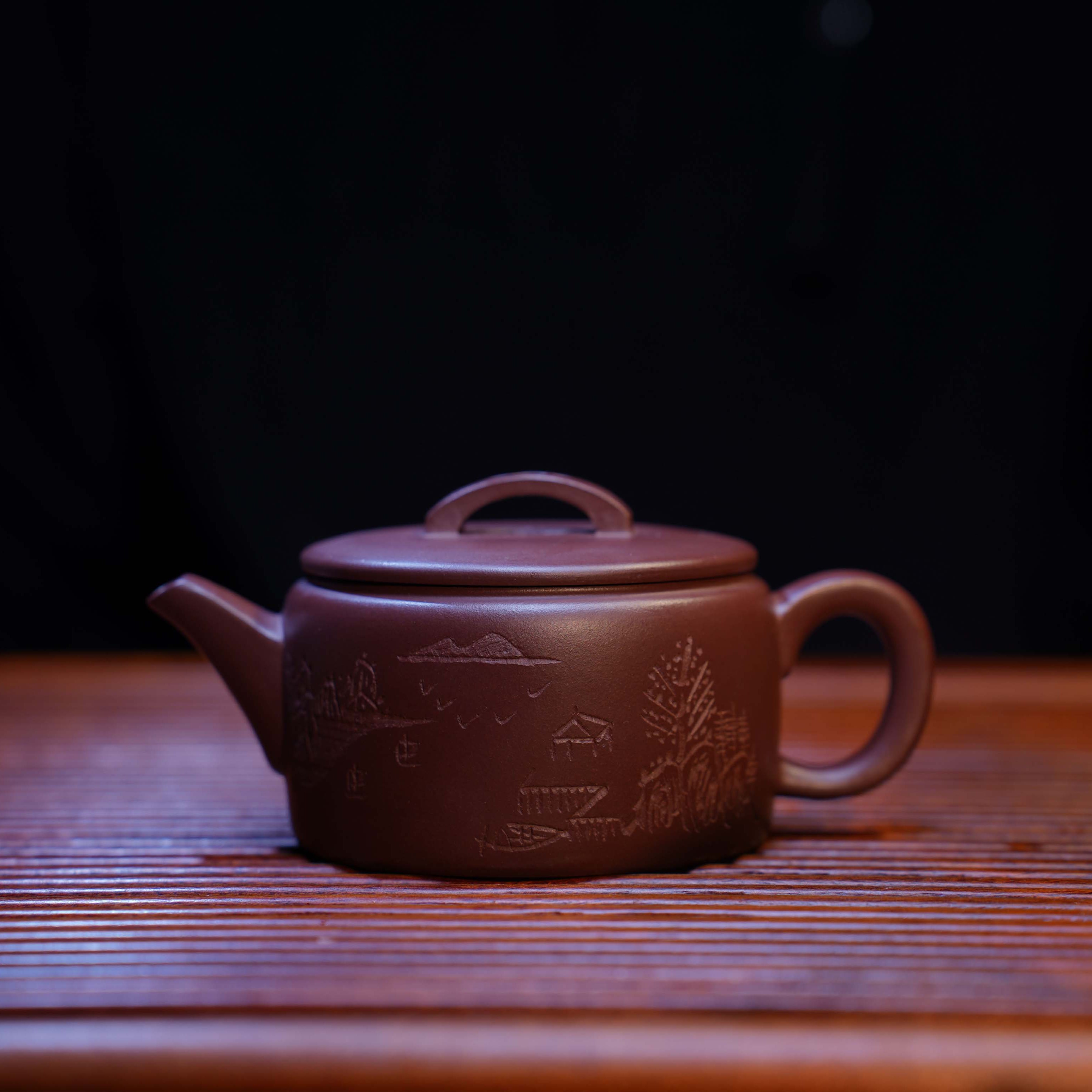 石红山水汉瓦壶  【琦】纯手工紫砂壶