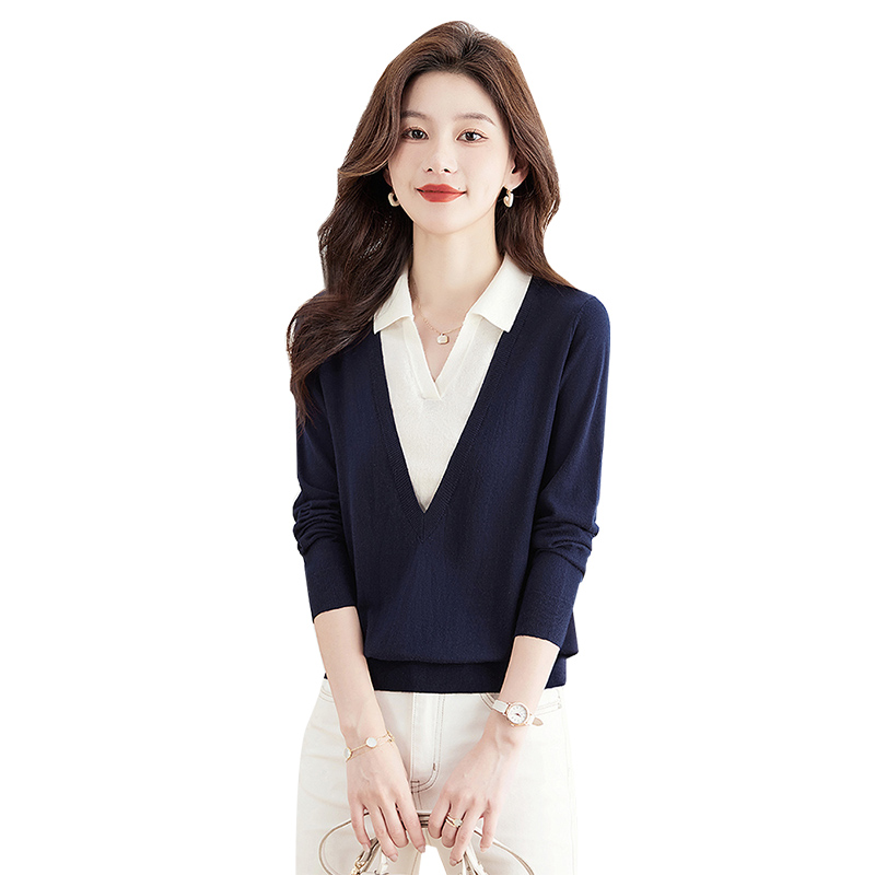 【品牌奥莱】丝柏舍2024春装假两件撞色长袖翻领针织衫S33K4523Z