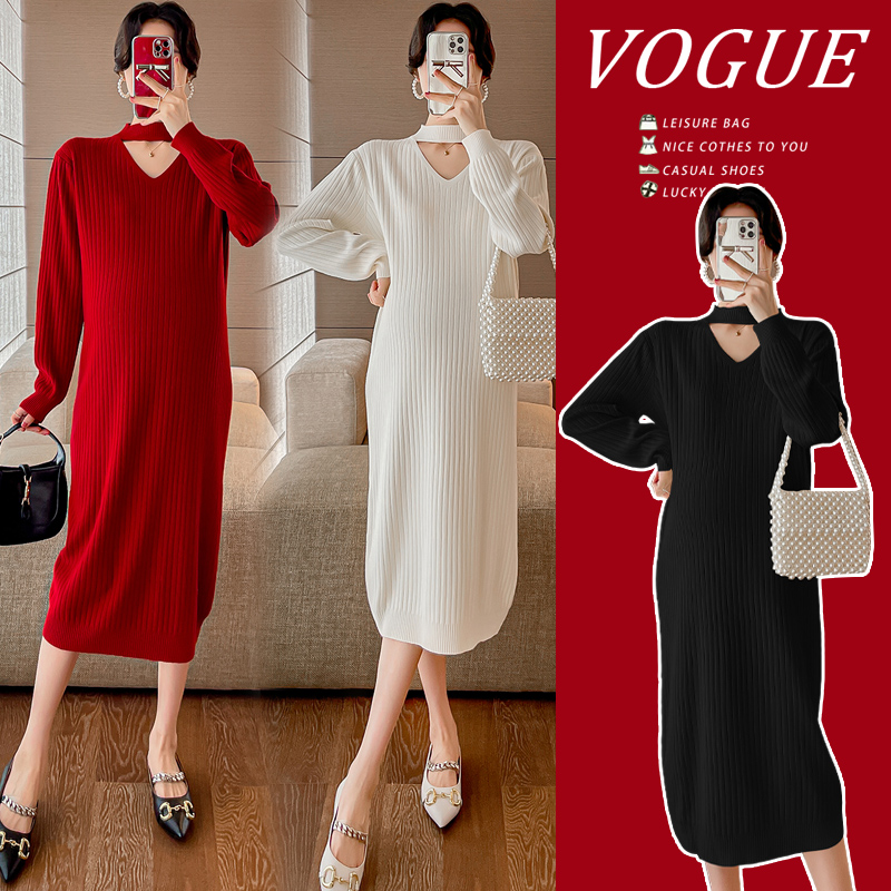 孕妇装秋冬季新款内搭针织中长款连衣裙时尚辣妈镂空挂脖打底长裙