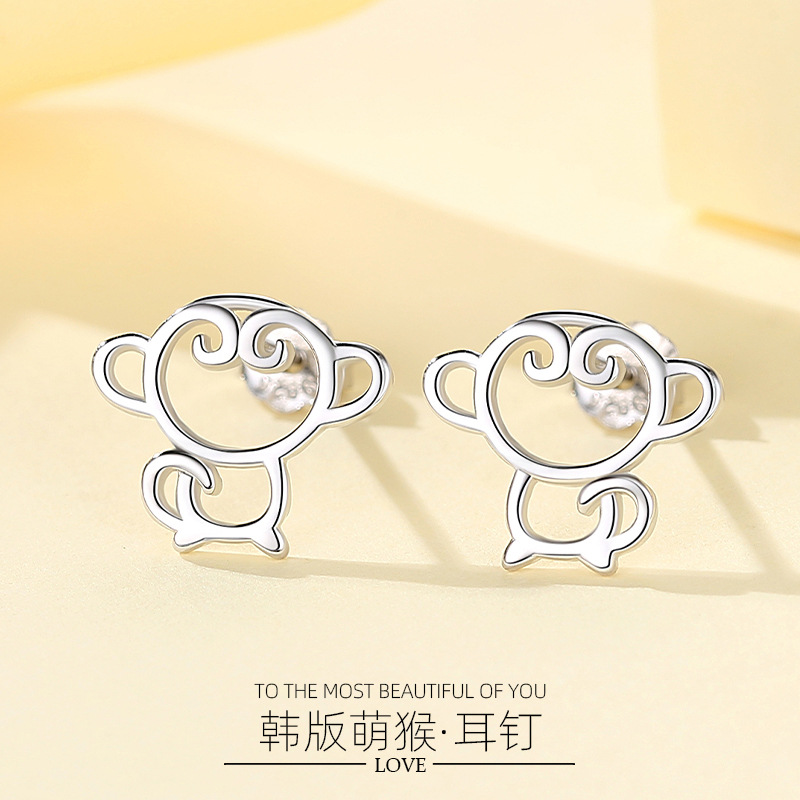 简度 925银耳饰 小猴子卡通动物耳钉 创意生肖猴耳环气质百搭个性