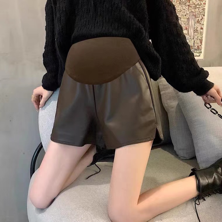 孕妇皮短裤秋冬宽松休闲开叉阔腿裤高腰显瘦百搭外穿a字pu皮裤子