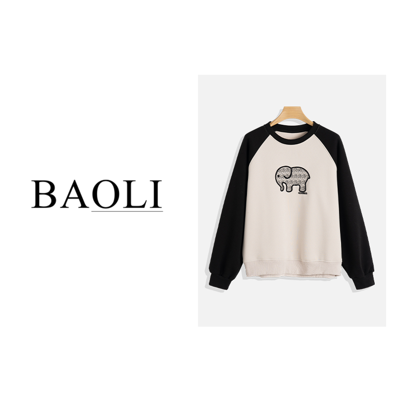 加绒加厚长袖卫衣女秋冬宽松复古美式插肩袖小象套头上衣LKXL2301