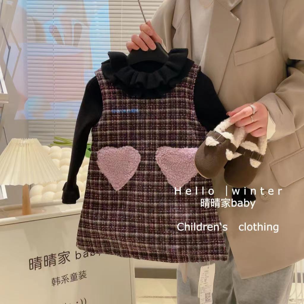 女童秋冬连衣裙儿童爱心毛巾绣格子加厚保暖公主背心裙23544稚