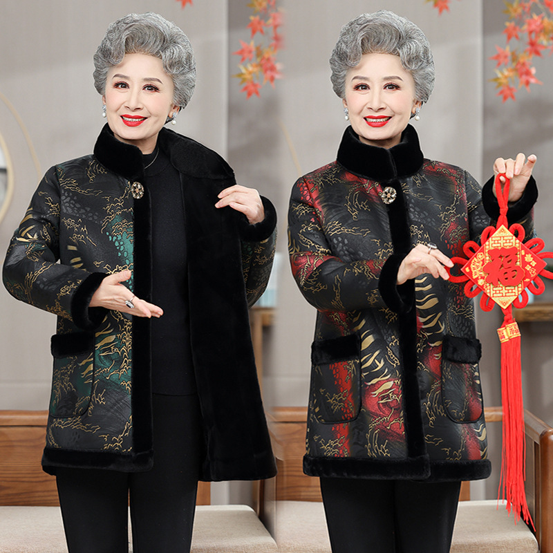 妈妈装棉衣秋冬新款中老年女装皮毛一体加厚外套老年奶奶棉袄