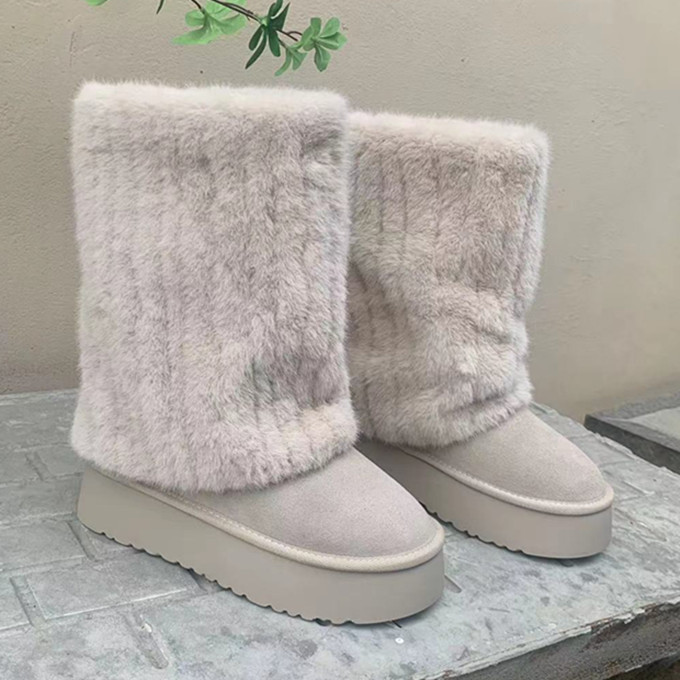 网红冰岛雪地靴女冬百搭毛毛靴显瘦厚底水貂毛中筒靴小众时尚韩版