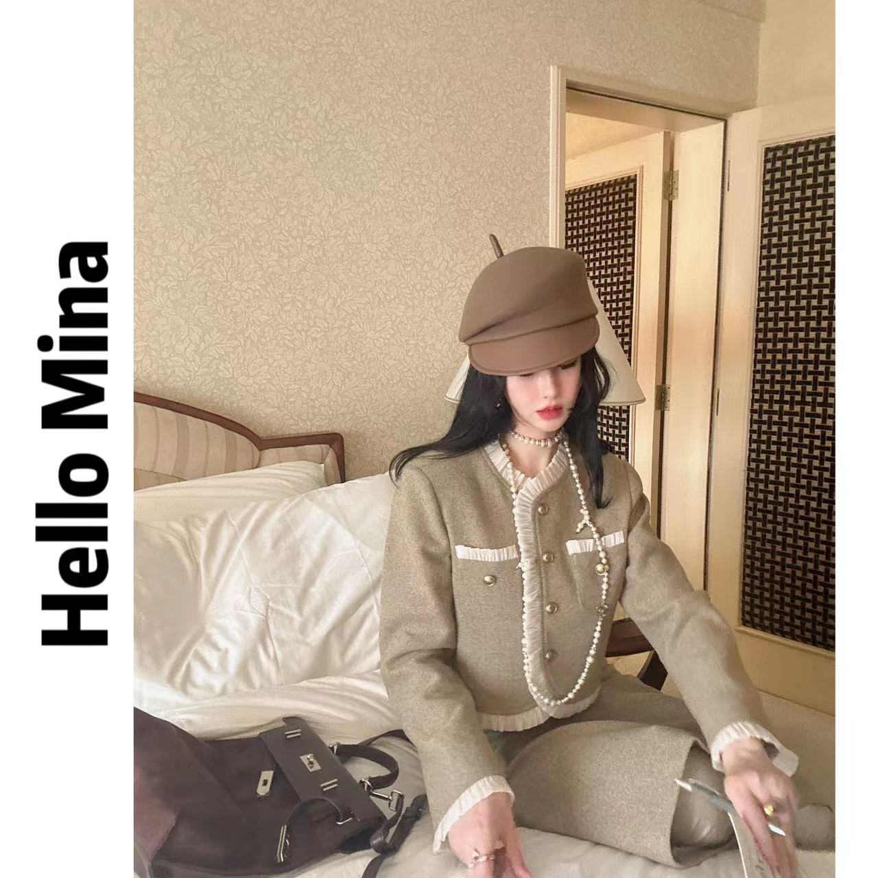 【HELLO MINA】"半岛铁盒"气质感小香风外套+半身裙套装1215