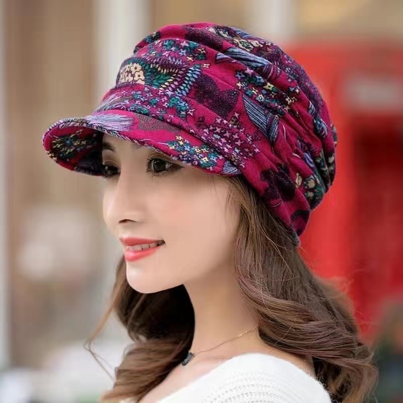 新款时尚碎花帽子女韩版潮软帽檐鸭舌帽春秋冬季保暖布帽子棒球帽