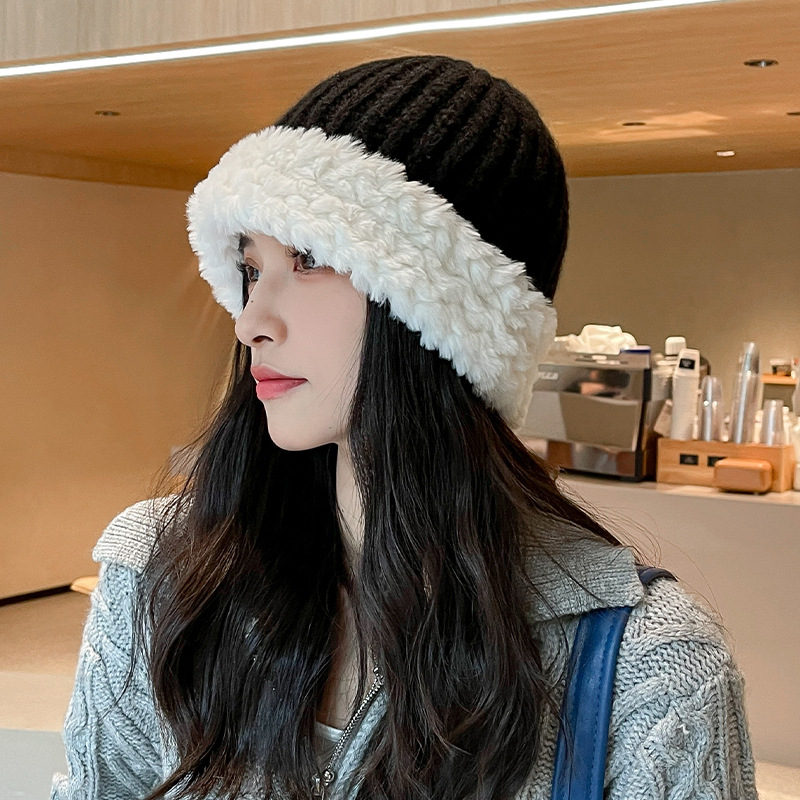 大头围毛线帽女秋冬百搭显脸小针织帽纯色加厚保暖毛绒护耳渔夫帽