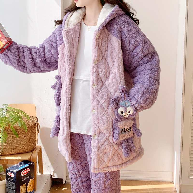 冬天夹棉月子服冬季加厚加绒哺乳孕妇睡衣秋冬款产妇家居服三件套
