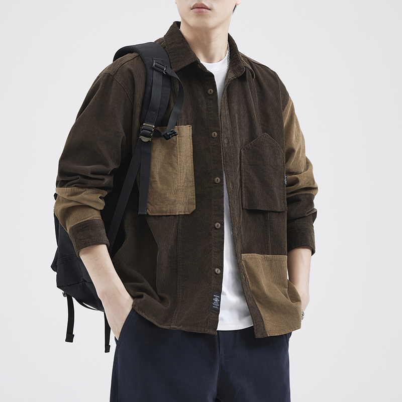 复古重磅水洗拼接设计灯芯绒长袖衬衫男秋季休闲宽松外套男士衬衣