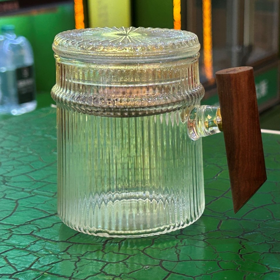 文新竖纹杯玻璃杯耐热家用中式带盖喝水杯锤纹大容量