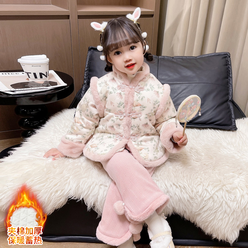 女童套装冬季加绒拜年衣服汉服碎花女宝宝过年唐装儿童冬装中国风