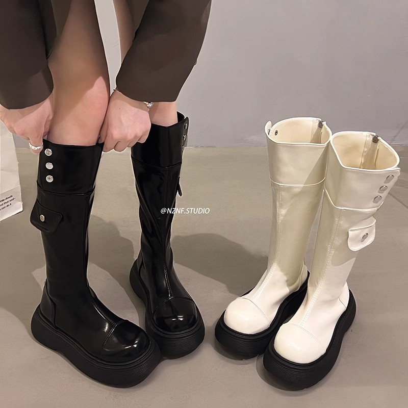 黑色美式厚底长筒靴女2023新款秋季胖mm显瘦骑士靴小个子复古长靴