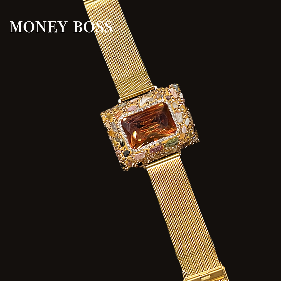 铜合金手链 中古vintage 时尚轻奢气质满钻镶嵌镶钻金色女士手镯