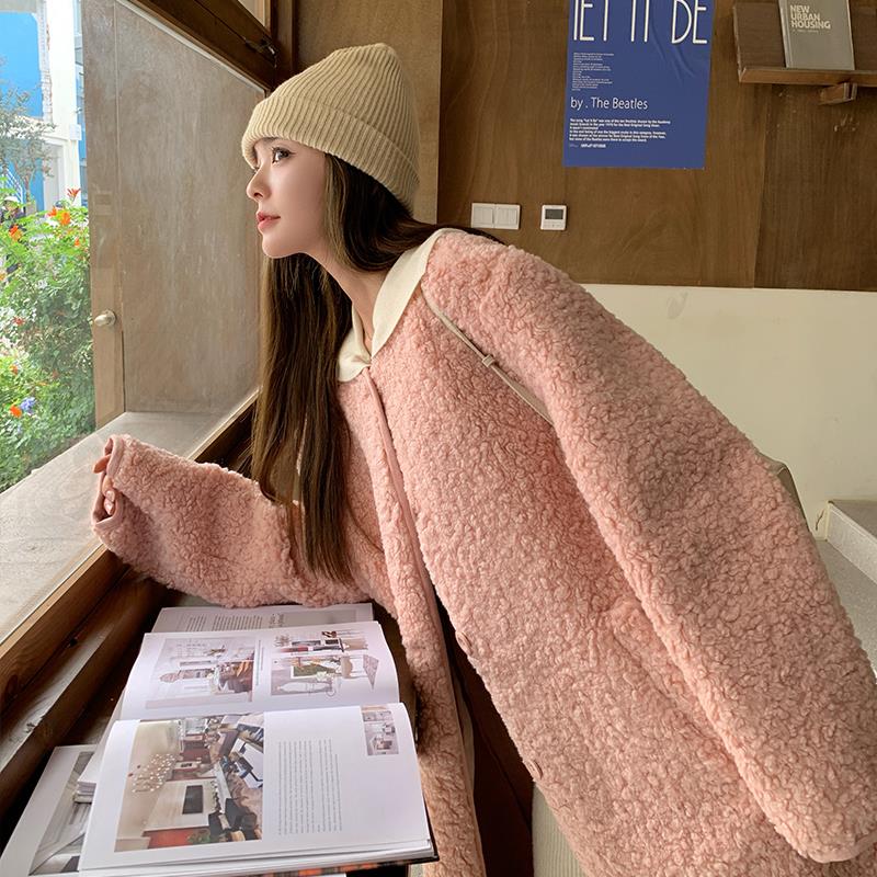 粉色羊羔毛外套女2023冬季新款韩系宽松加绒加厚长款皮毛一体大衣