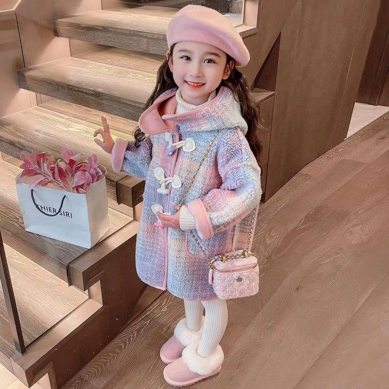 FAVMARTHA女童羊羔毛毛毛衣彩虹外套秋冬款儿童毛呢大衣女宝宝冬