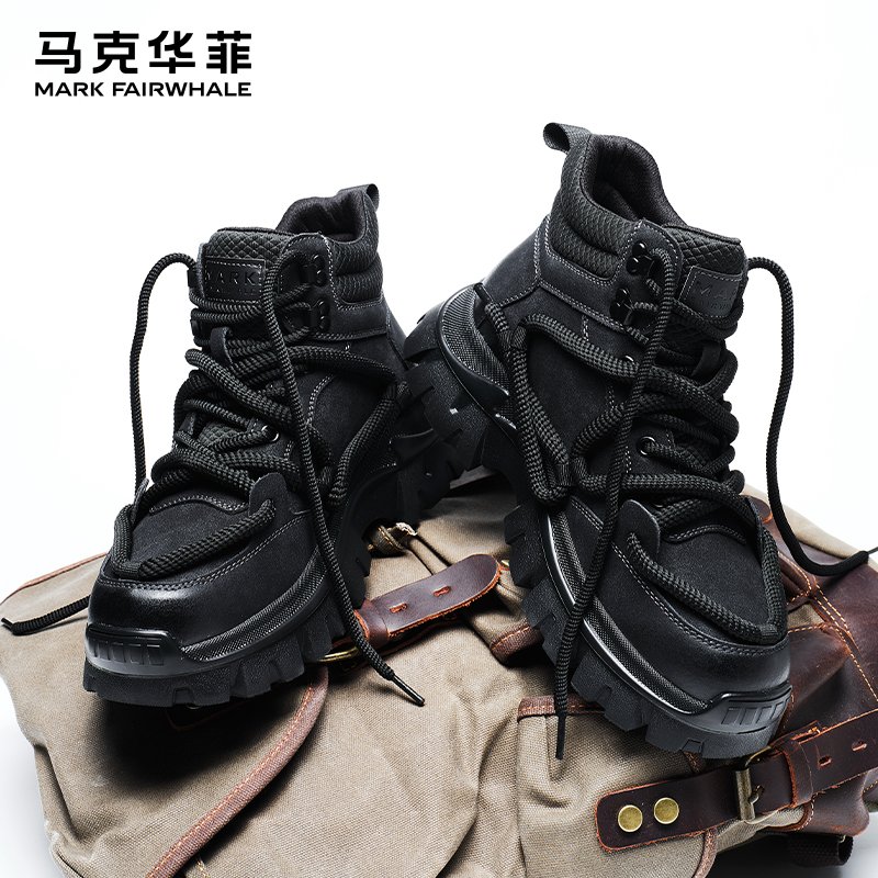马克华菲靴子男款棉鞋工装鞋男秋季新款黑色加绒雪地靴男士马丁靴商品图