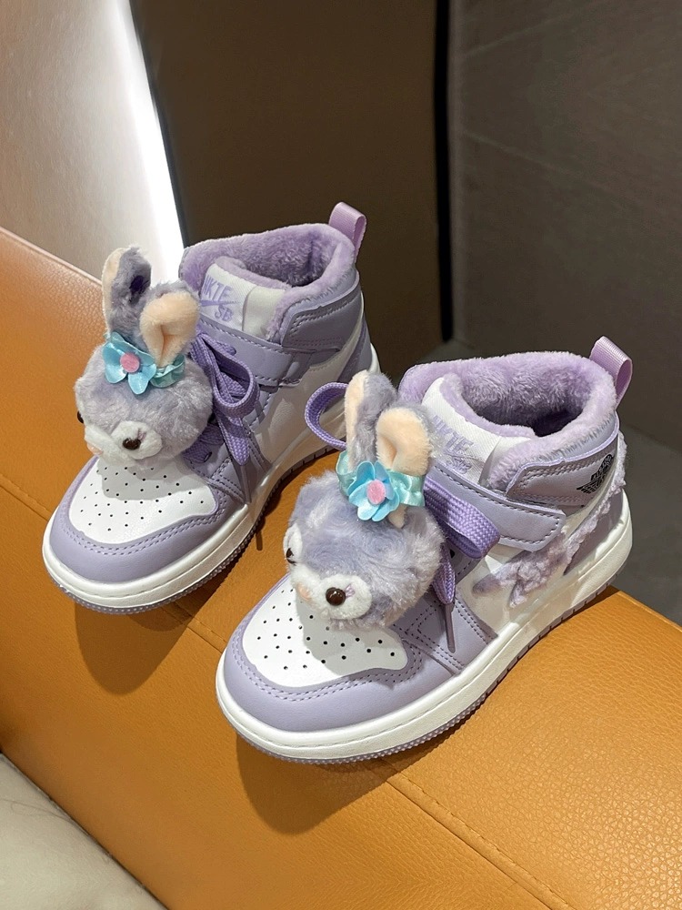 回力瑞女童鞋子运动鞋儿童高帮鞋女孩小童板鞋加绒棉鞋紫色冬鞋