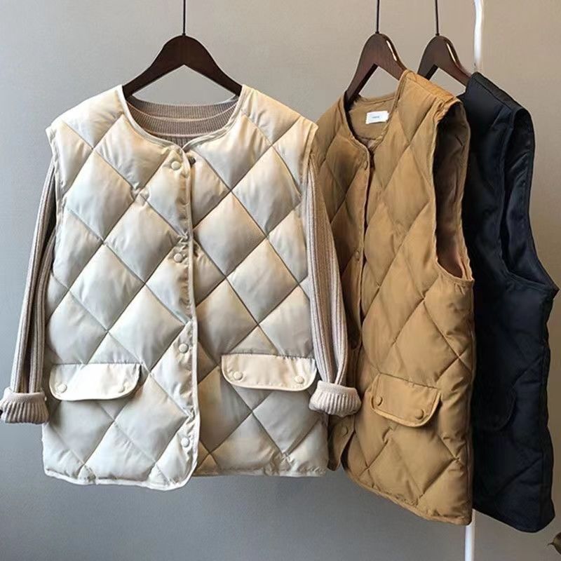 秋冬短款棉服马甲女坎肩背心菱形格夹棉外套外穿韩版宽松马夹外套