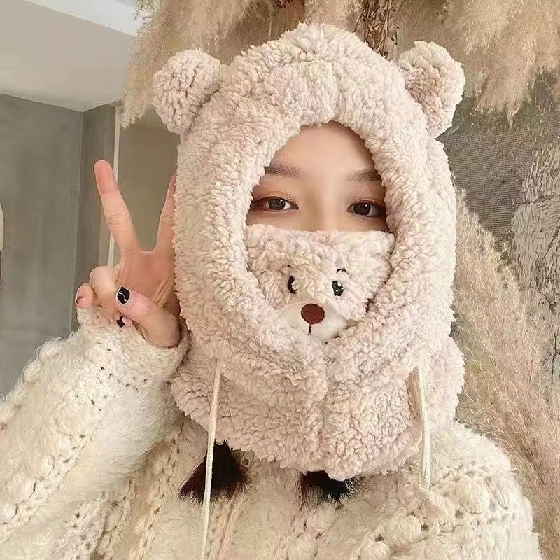 小熊口罩围巾帽围脖女加厚可爱羊羔绒帽子骑车保暖护耳滑雪帽S6