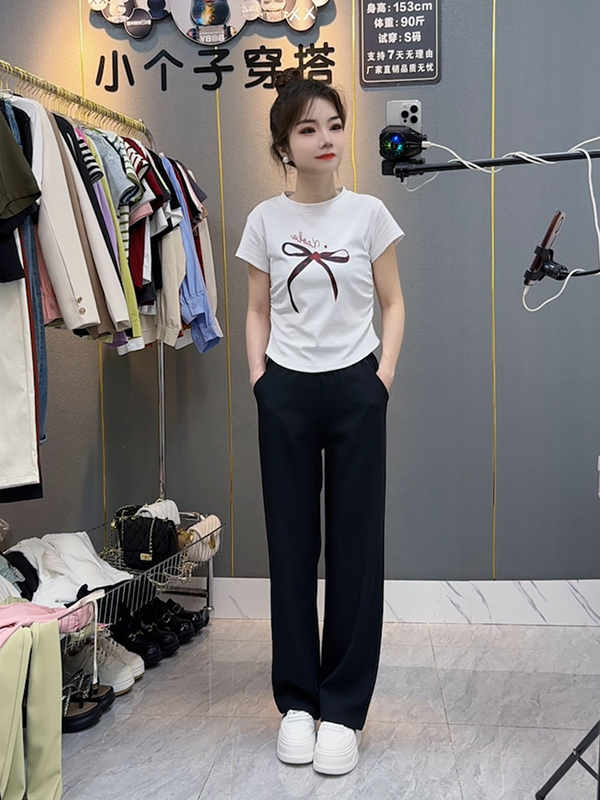 小个子定制 夏季新款 弹力松紧腰 免烫显瘦高腰西装垂感阔腿裤