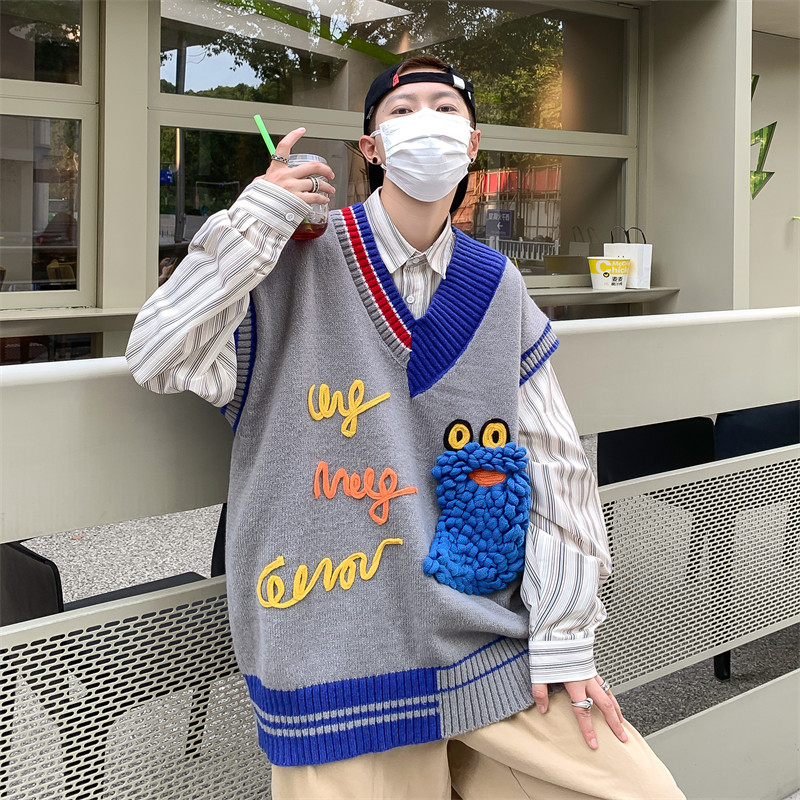 V领针织马甲毛衣背心情侣大码200斤刺绣设计感小众无袖外搭坎肩