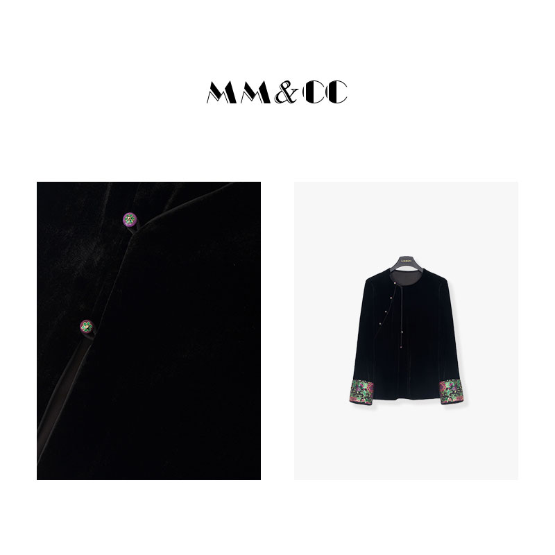 【紫萝兰】新中式丝绒上衣女秋冬圆领国风刺绣设计师小衫E6720