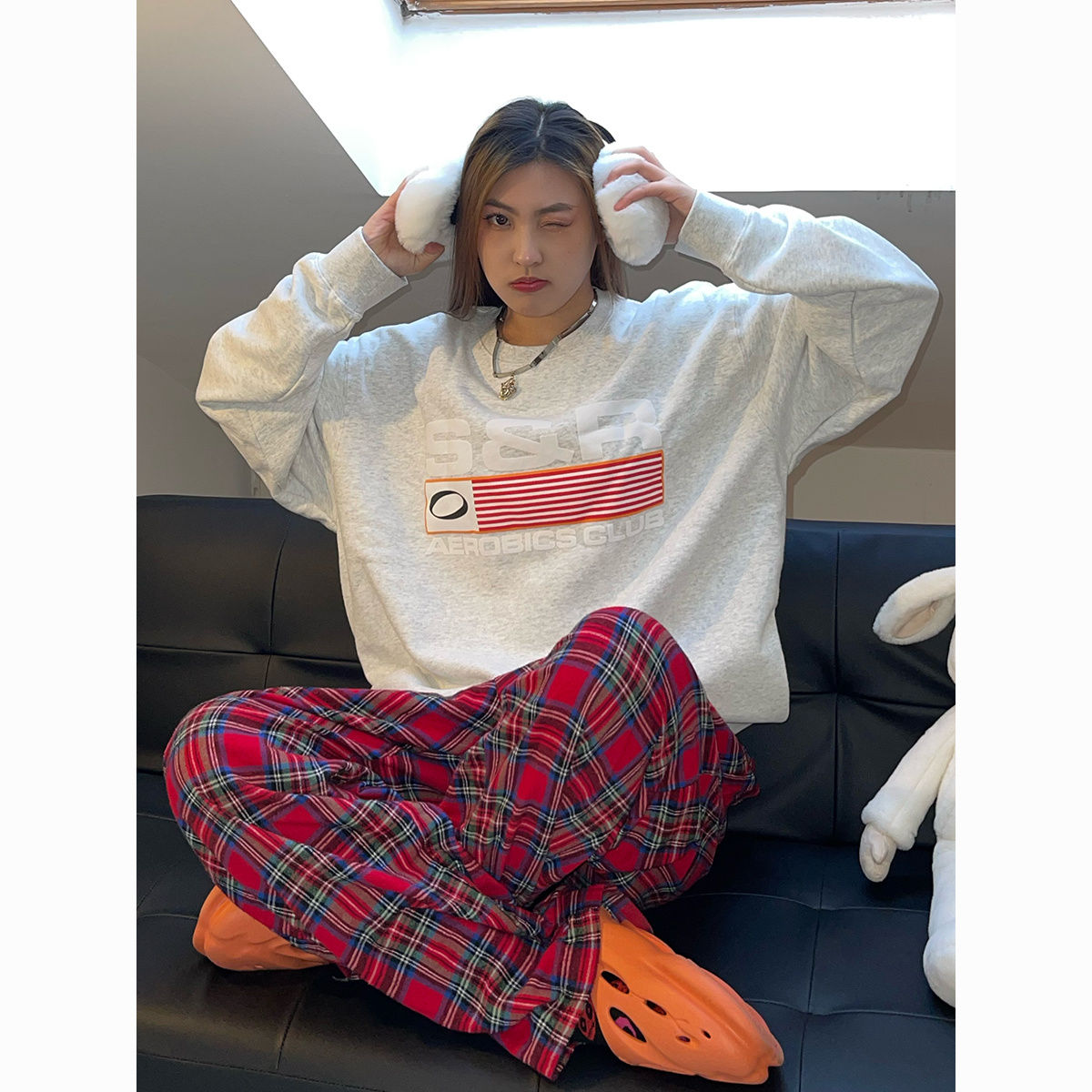 纯棉美式复古SR印花2023年秋冬季加绒男女长袖宽松套头圆领卫衣