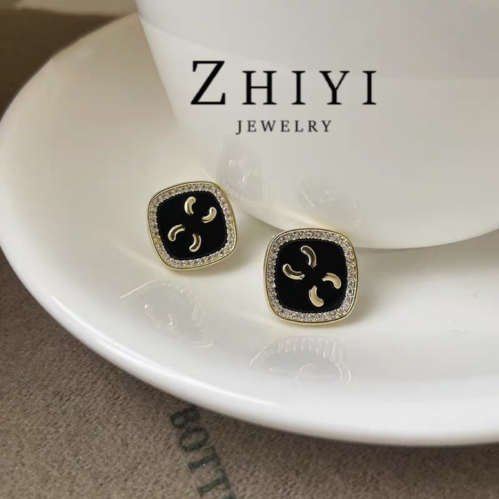 铜合金合成锆石耳饰 法式方形轻奢耳钉女小众设计感高级0227黑色