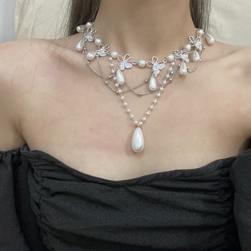 合金吊坠 轻奢名媛气质水钻蝴蝶珠链流苏锁骨链高级感项链吊坠