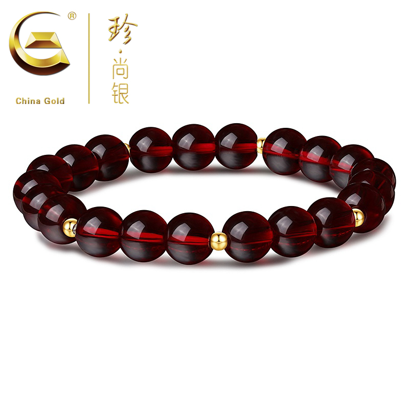 珍·尚银 925银手链 中国黄金 转运珠红色手串单圈女款百搭礼物