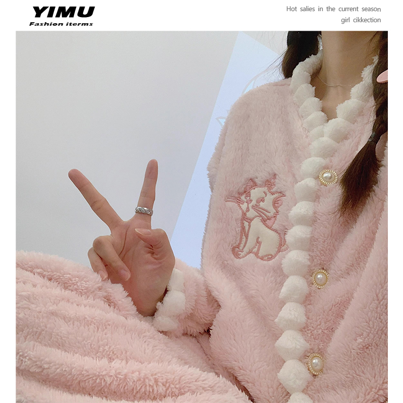粉嫩可爱猫咪珊瑚绒睡衣女冬季长袖加绒加厚保暖法兰绒家居服套装