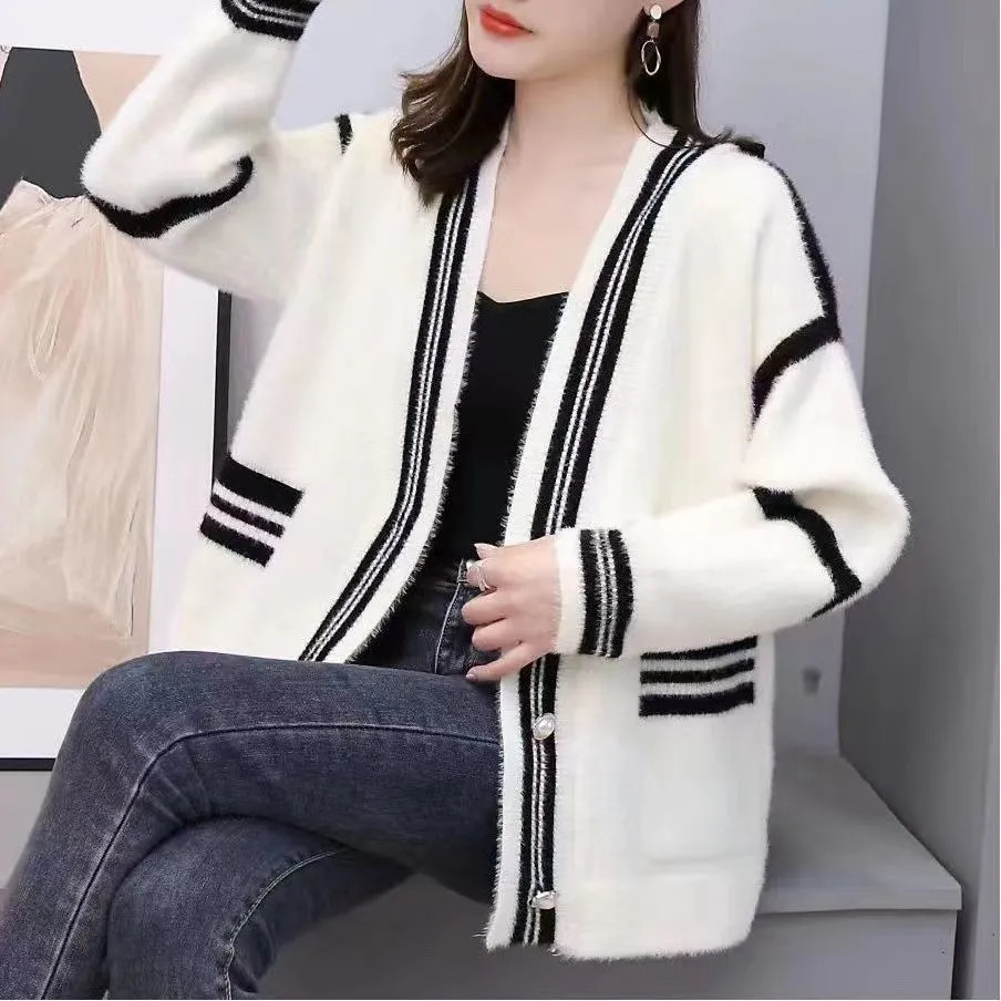 小香风仿水貂绒短款外套毛衣女春秋新款不掉毛双面绒水貂绒开衫