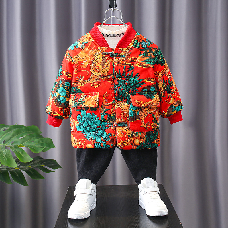 儿童男童棉衣拜年服外套宝宝冬季加厚中国风唐装喜庆加绒棉袄礼服