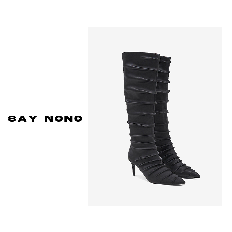 Say nono 褶皱时尚长筒百搭细跟长靴跟高5cm